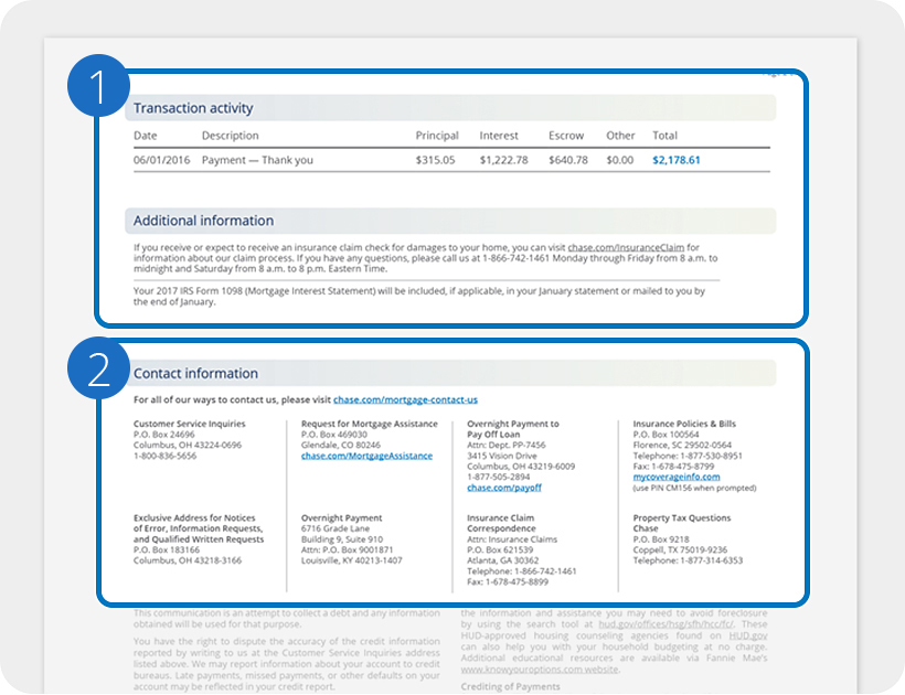 An example account with the 1) Transaction activity and Contact information 2) sections featured