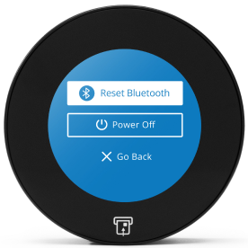 Card reader screen with options to reset Bluetooth, power off, or go back to main screen