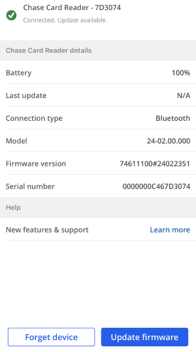 Screenshot of Chase Card Reader details screen with forget device or update firmware options