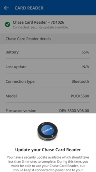 Screenshot of the Chase Card Reader notification reminder to update your reader