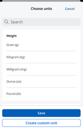 Screenshot of the available units that can be used in the catalog. Option to create a custom unit is shown.