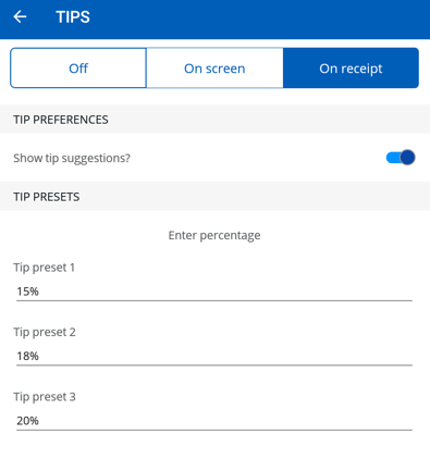 Screenshot of the option for selecting on-receipt tips