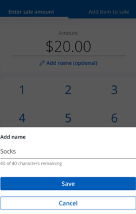 Screenshot of the new sale screen with itemized custom name entry shown