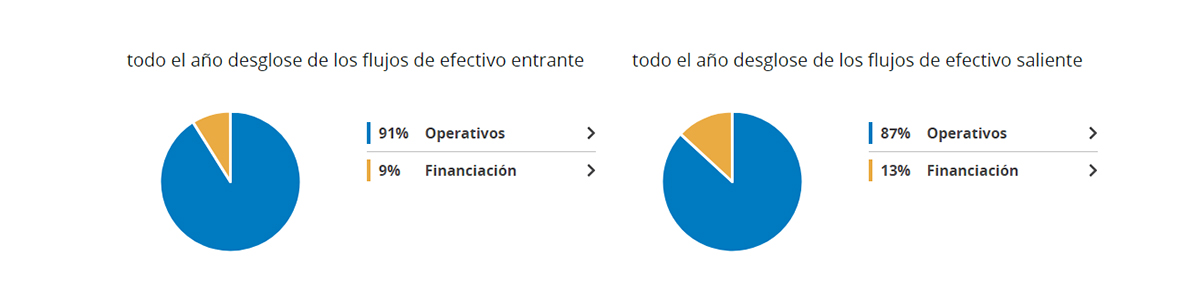 Ejemplo de gráficos circulares que muestran un resumen del flujo de efectivo y desgloses que se crearán en la actividad de la página 7 de este capítulo