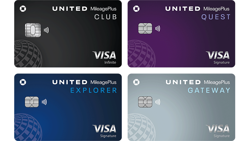 MileagePlus Club card, MileagePlus Quest card, MileagePlus Explorer card, MileagePlus GateWay card