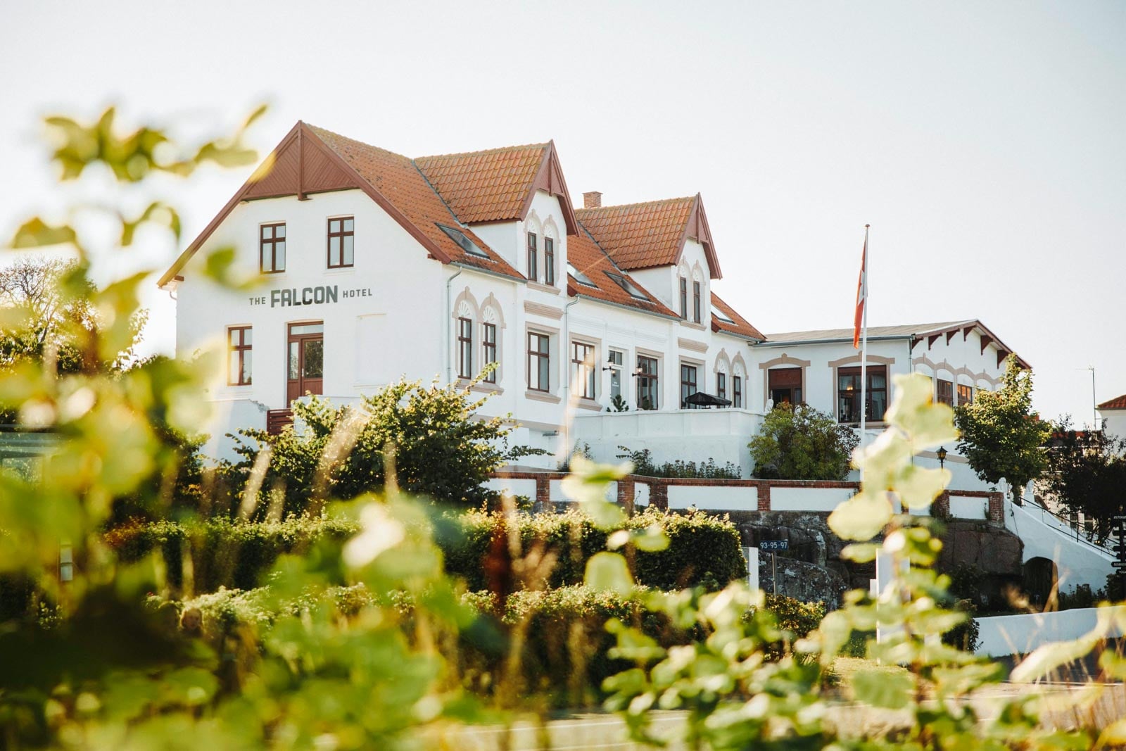 Hotel exterior photographed through foliage.