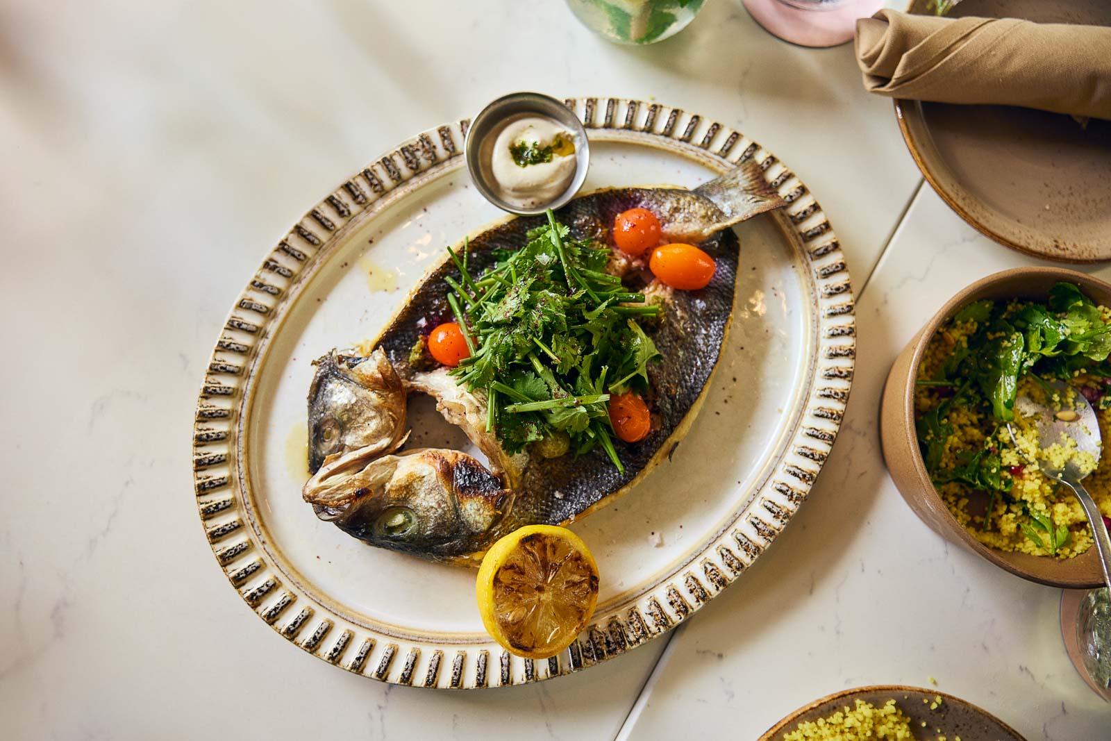 Plated food on table